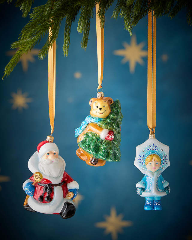 Santa, Bear with Tree and Little Girl Christmas Ornaments, Set of 3